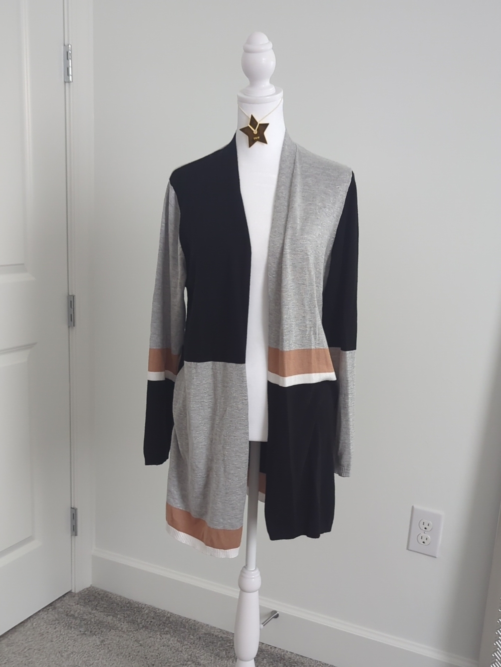 Madison Open-Front Colorblock Cardigan - Black, Gray & Brown